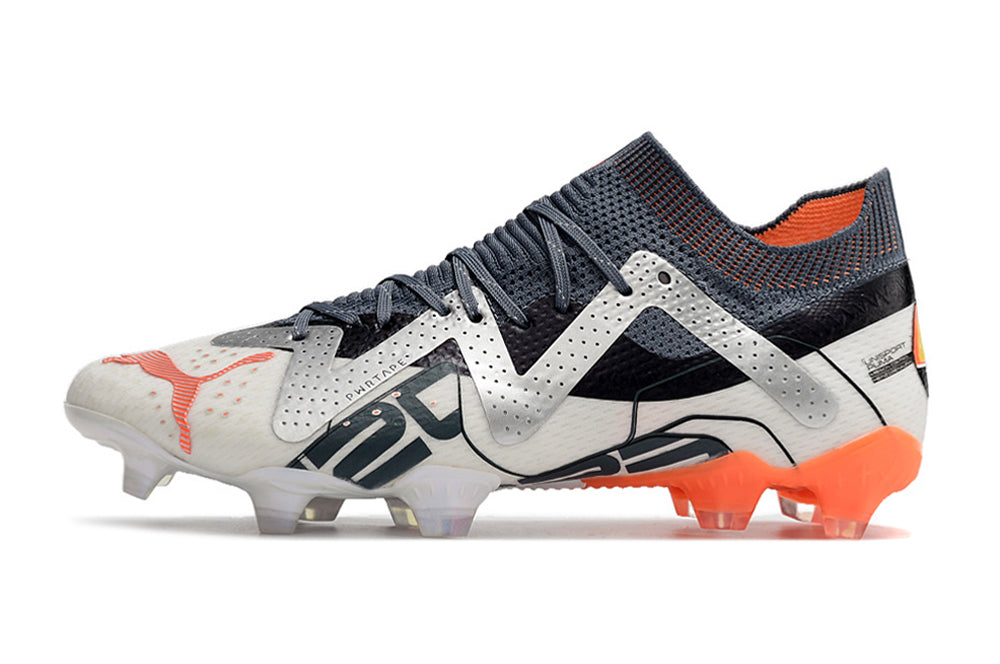 Chuteira Campo Future Ultimate FG Branca, Prata e Laranja