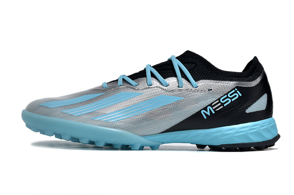 Chuteira Society X Crazyfast Messi.1 TF Prata e Azul
